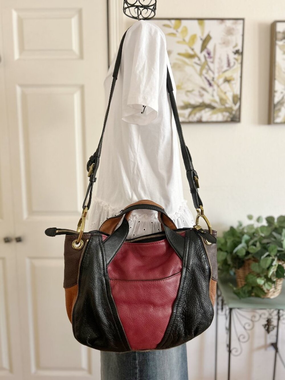 orYANY Tri-Panel Leather Shoulder Bag in Burgundy, Black & Brown